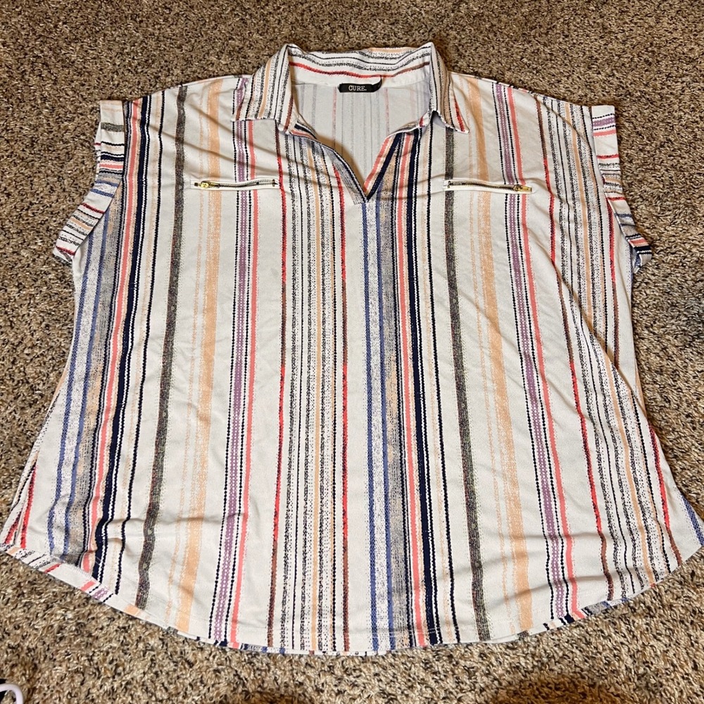 Cure Striped Blouse Sleeveless Collared V-Neck‎ Top with Zippers 3XL